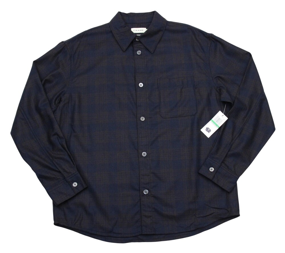 $268 Frame Shirt Mens Medium Navy Multi Plaid 100% Wool Long Sleeve Button Up